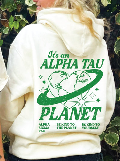 Alpha Sigma Tau Planet Hoodie | Be Kind to the Planet Trendy Alpha Tau Sorority Hoodie