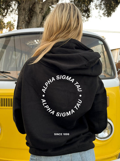 Alpha Sigma Tau Simple Trendy Cute Circle Sorority Hoodie Sweatshirt Design Black