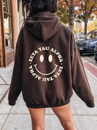 Zeta Tau Alpha Smiley Sorority Sweatshirt | Trendy Zeta Custom Sorority Hoodie