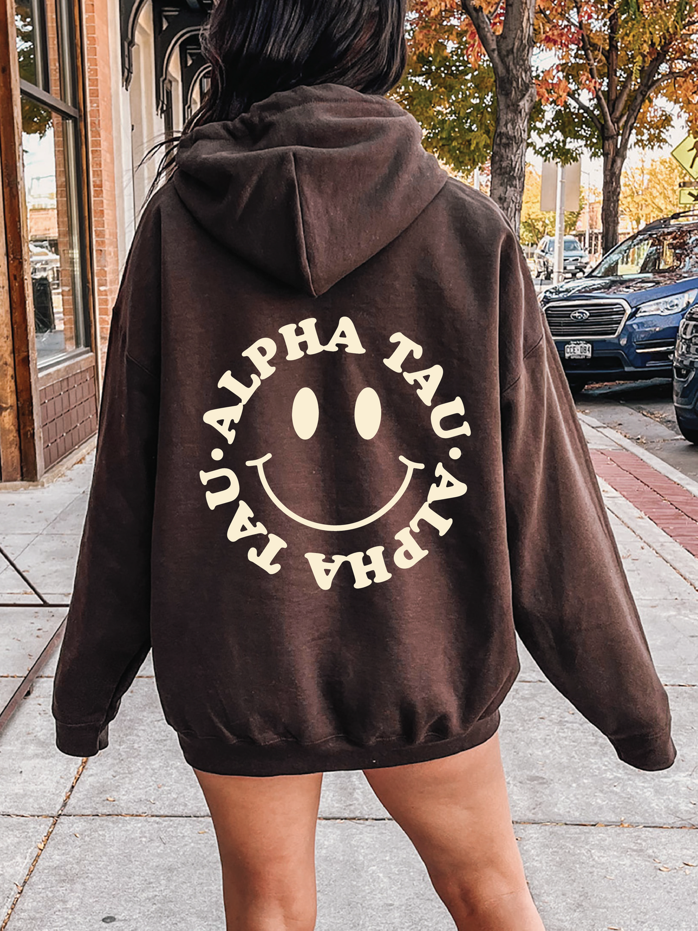 Alpha Sigma Tau Smiley Sorority Sweatshirt | Trendy Alpha Tau Custom Sorority Hoodie