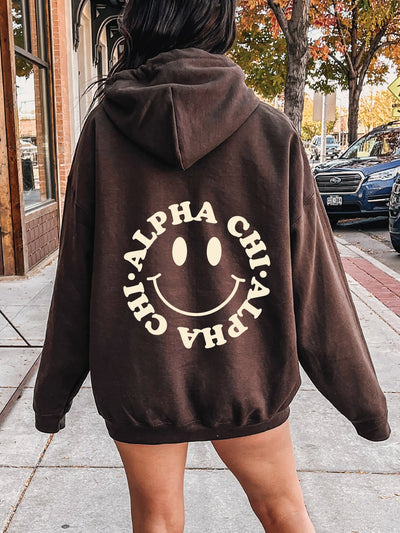 Alpha Chi Omega Smiley Dark Brown Sorority Sweatshirt | Trendy Custom Sorority Hoodie
