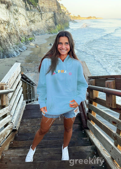 Alpha Omicron Pi Colorful Text Cute MadHappy Trendy Alpha O Baby Blue Sorority Hoodie