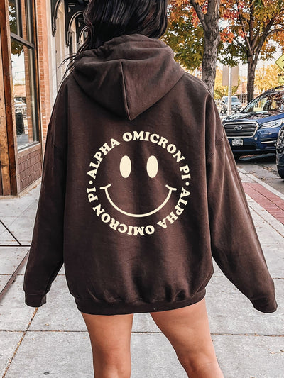 Alpha Omicron Pi Smiley Sorority Sweatshirt | Trendy Alpha O Custom Sorority Hoodie