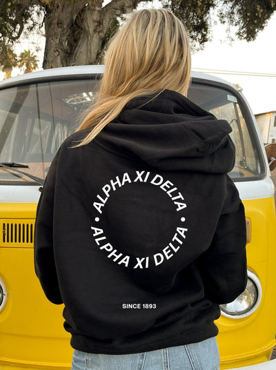 Alpha Xi Delta Simple Trendy Cute Circle Sorority Hoodie Sweatshirt Design Black
