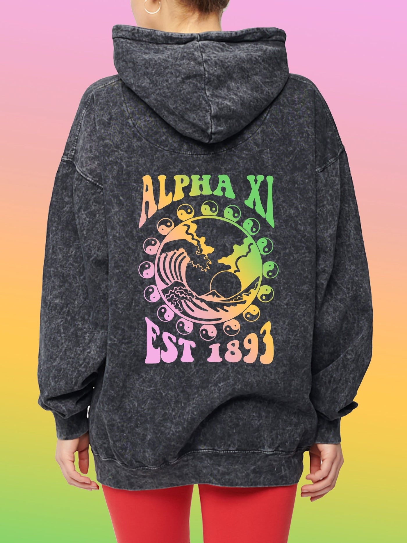 Alpha Xi Delta Yin-Yang Surf Sorority Hoodie Mineral Wash Tie Dye
