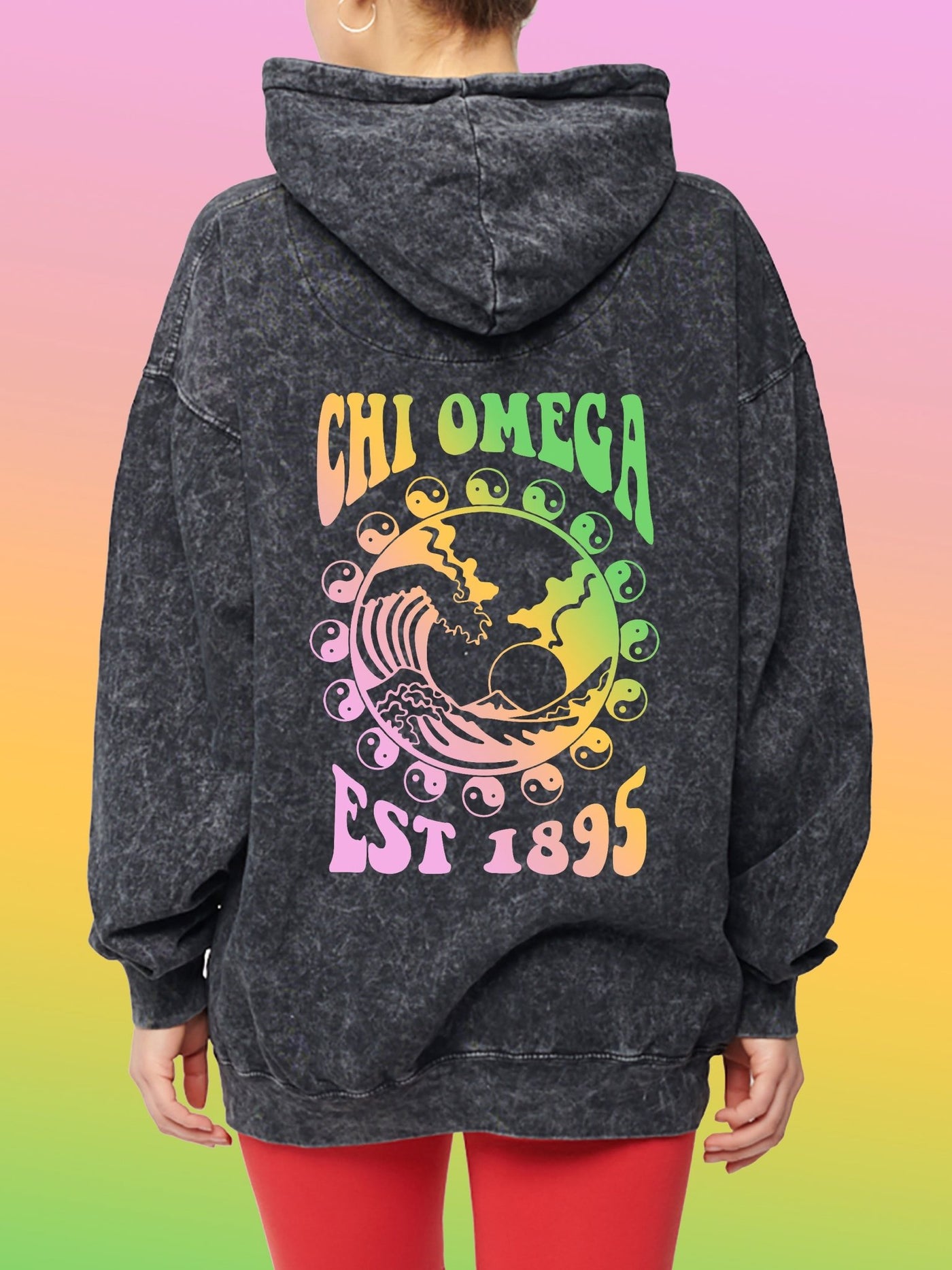 Chi Omega Yin-Yang Surf Sorority Hoodie Mineral Wash Tie Dye