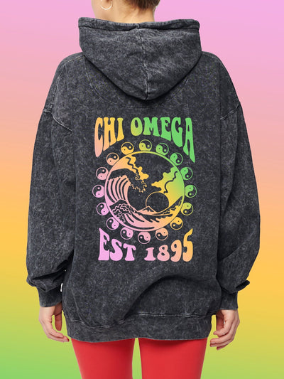 Chi Omega Yin-Yang Surf Sorority Hoodie Mineral Wash Tie Dye