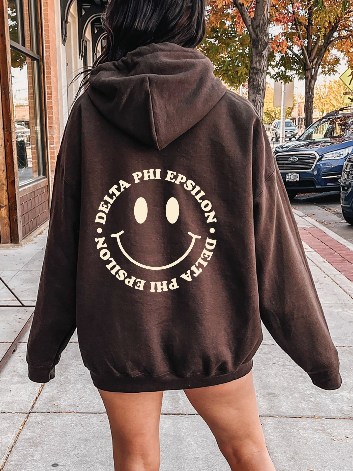 Delta Phi Epsilon Smiley Sorority Sweatshirt | Trendy DPhiE Custom Sorority Hoodie