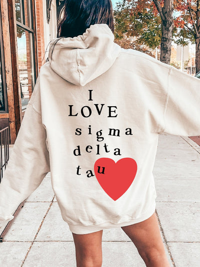 I Love Sigma Delta Tau Sorority Sweatshirt | Trendy Custom Sig Delt Sorority Hoodie