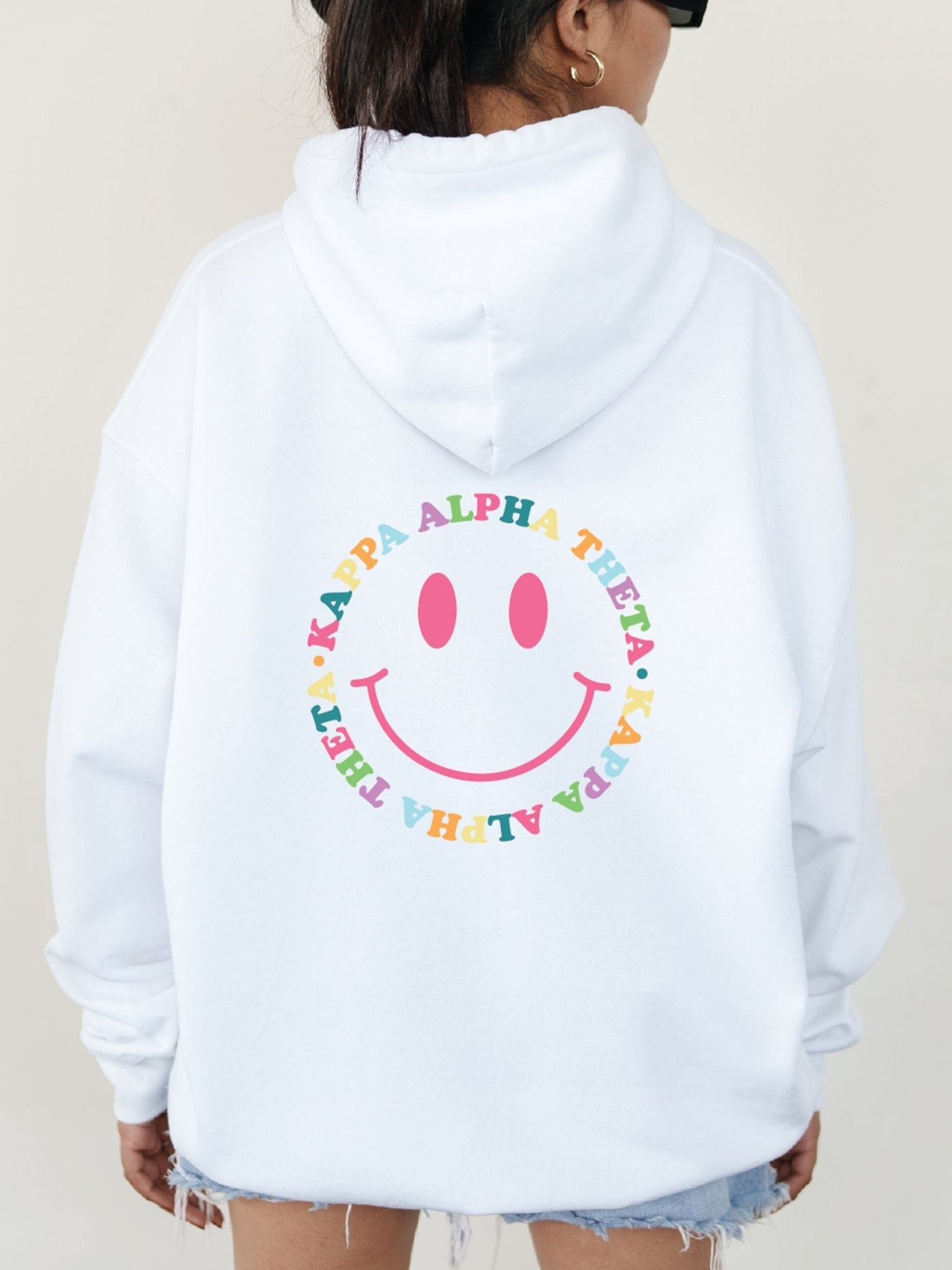 Kappa Alpha Theta Colorful Smiley Sweatshirt, Trendy Theta Sorority Hoodie