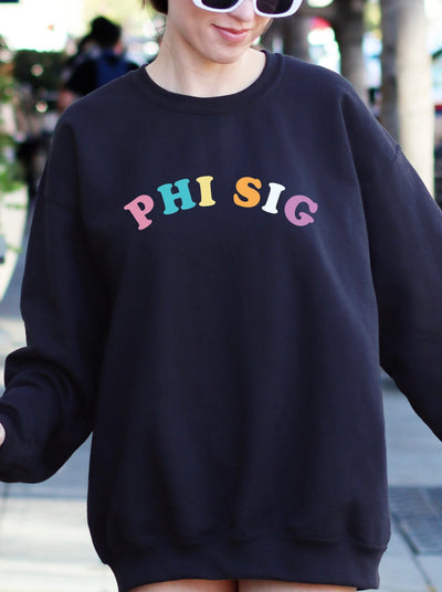 Phi Sigma Sigma Colorful Text Cute PhiSig Sorority Crewneck Sweatshirt